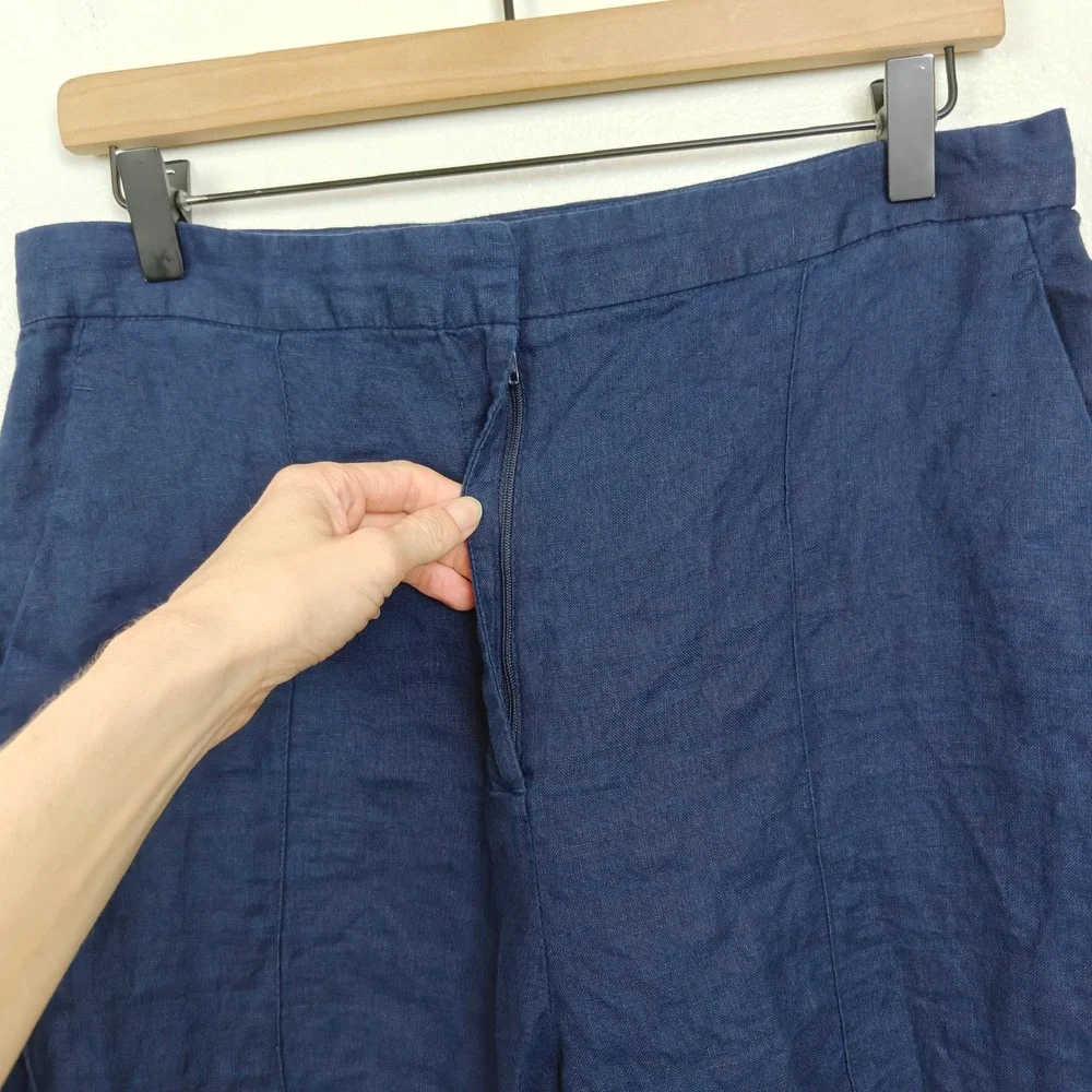 Zara Womens Pants Large Navy Blue 100% Linen Straight Leg High Rise Seam Detail